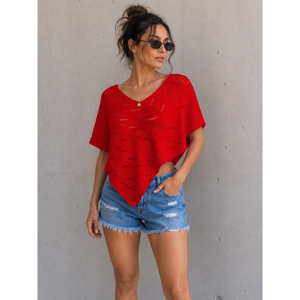 LOFT Red Pointelle Cable Knit Poncho Womens One Size Asymmetric Pullover
